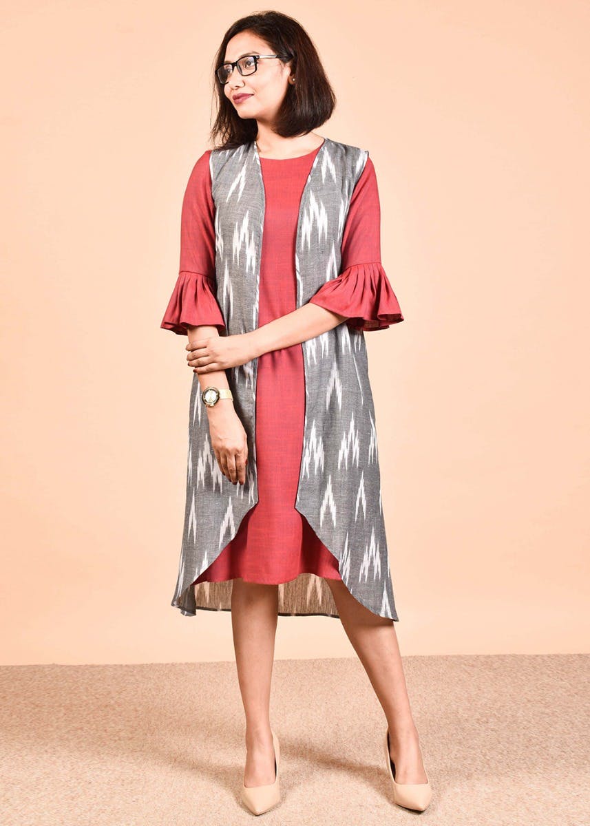 Ikat Grey Sleeveless Long Line Jacket