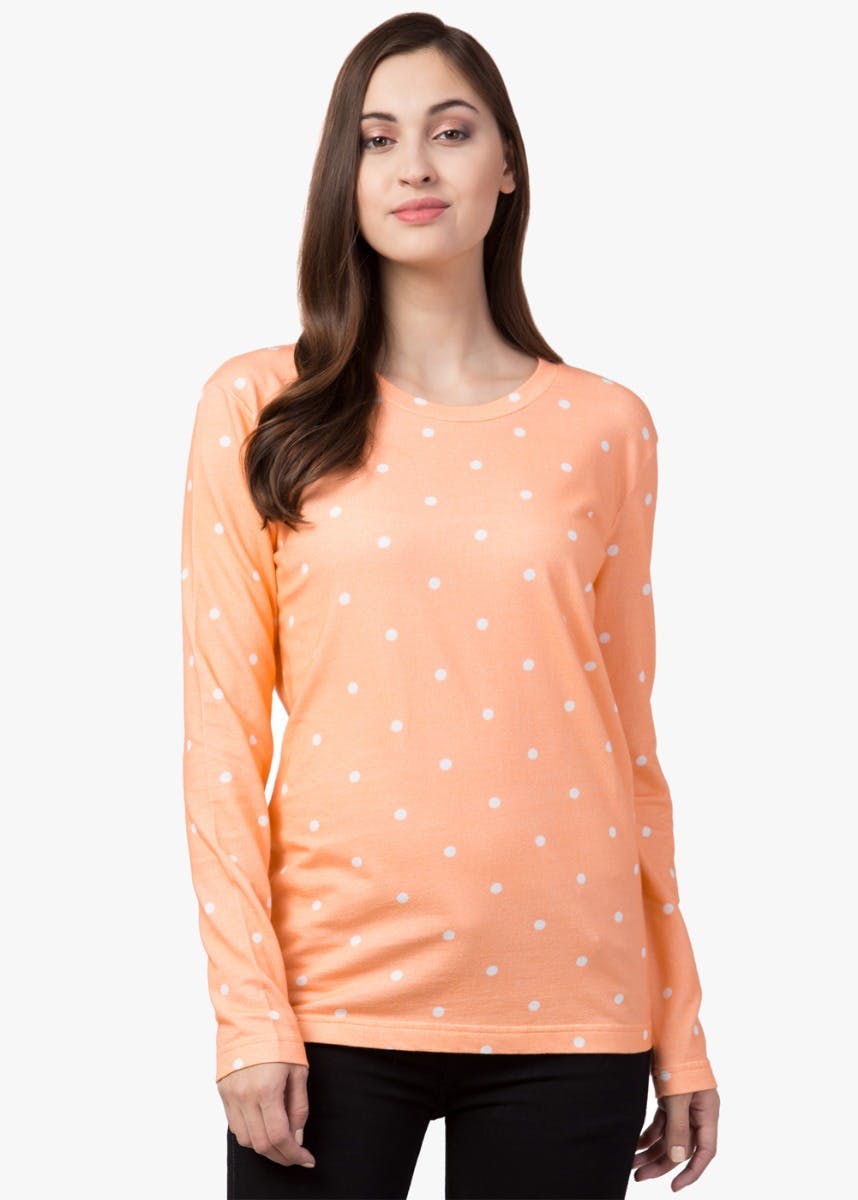Clothing,Orange,Polka dot,Sleeve,Peach,Pattern,Shoulder,Neck,Pink,Top
