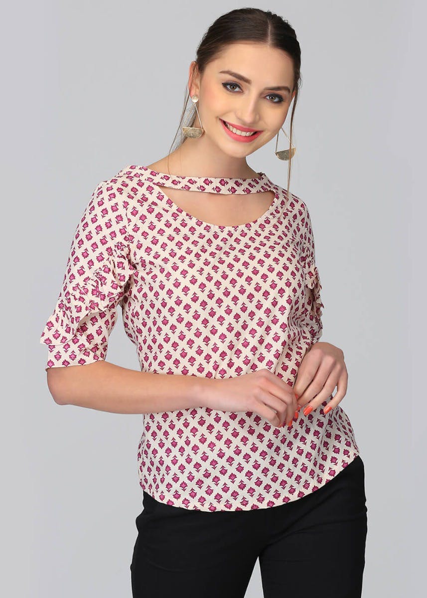 Get Sanganeri Print Ruffled Sleeves Top 