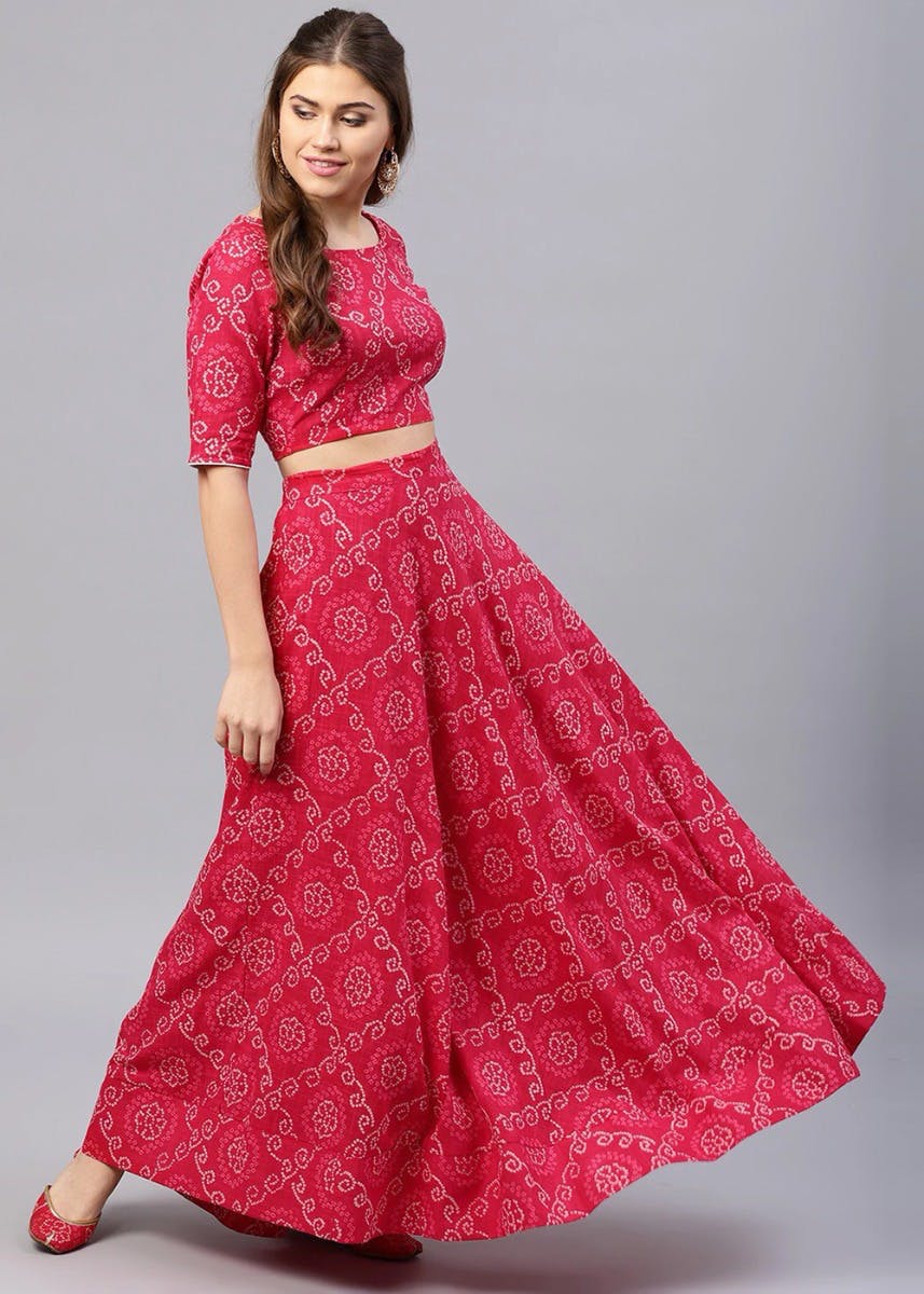 Bandhani Printed Pink Lehenga With Crop Choli