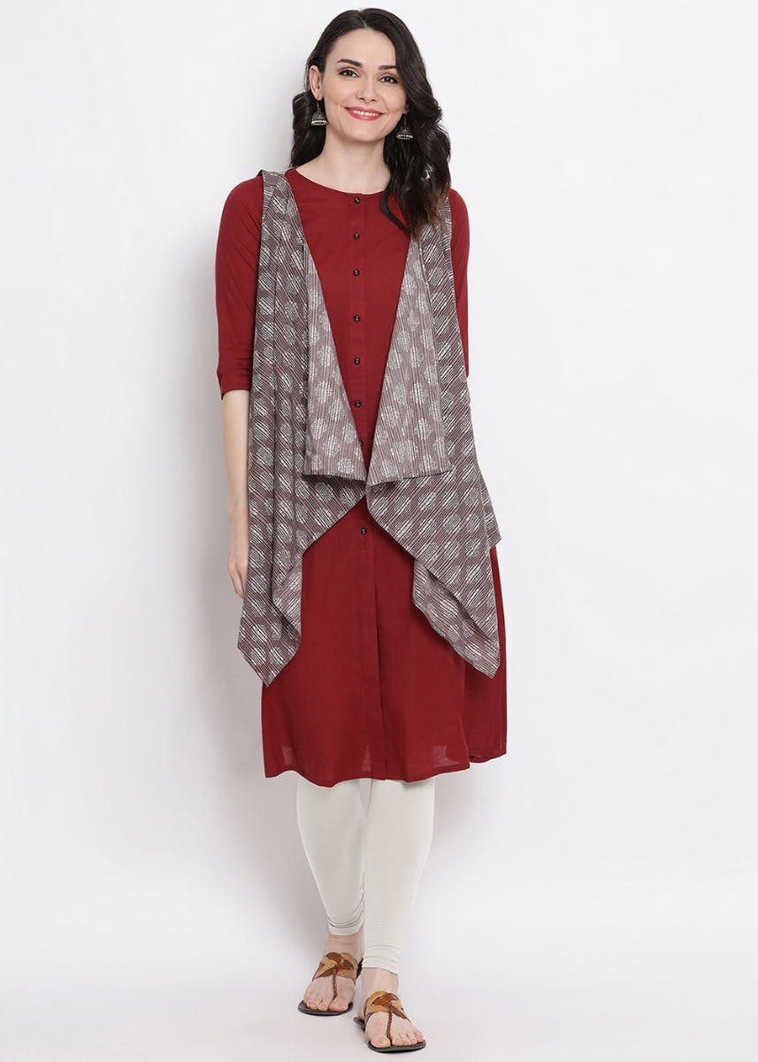 Get Solid Maroon Tunic with Sleeveless Printed Jacket at ₹ 1799 | LBB Shop