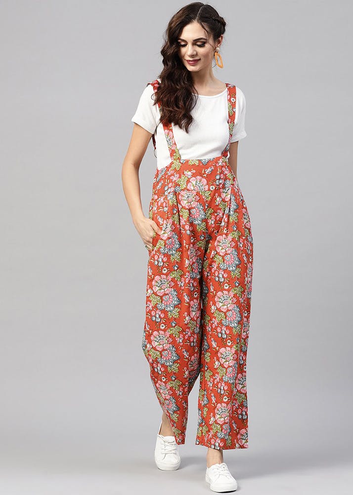Get Red Floral Printed Dungaree at ₹ 909 | LBB Shop