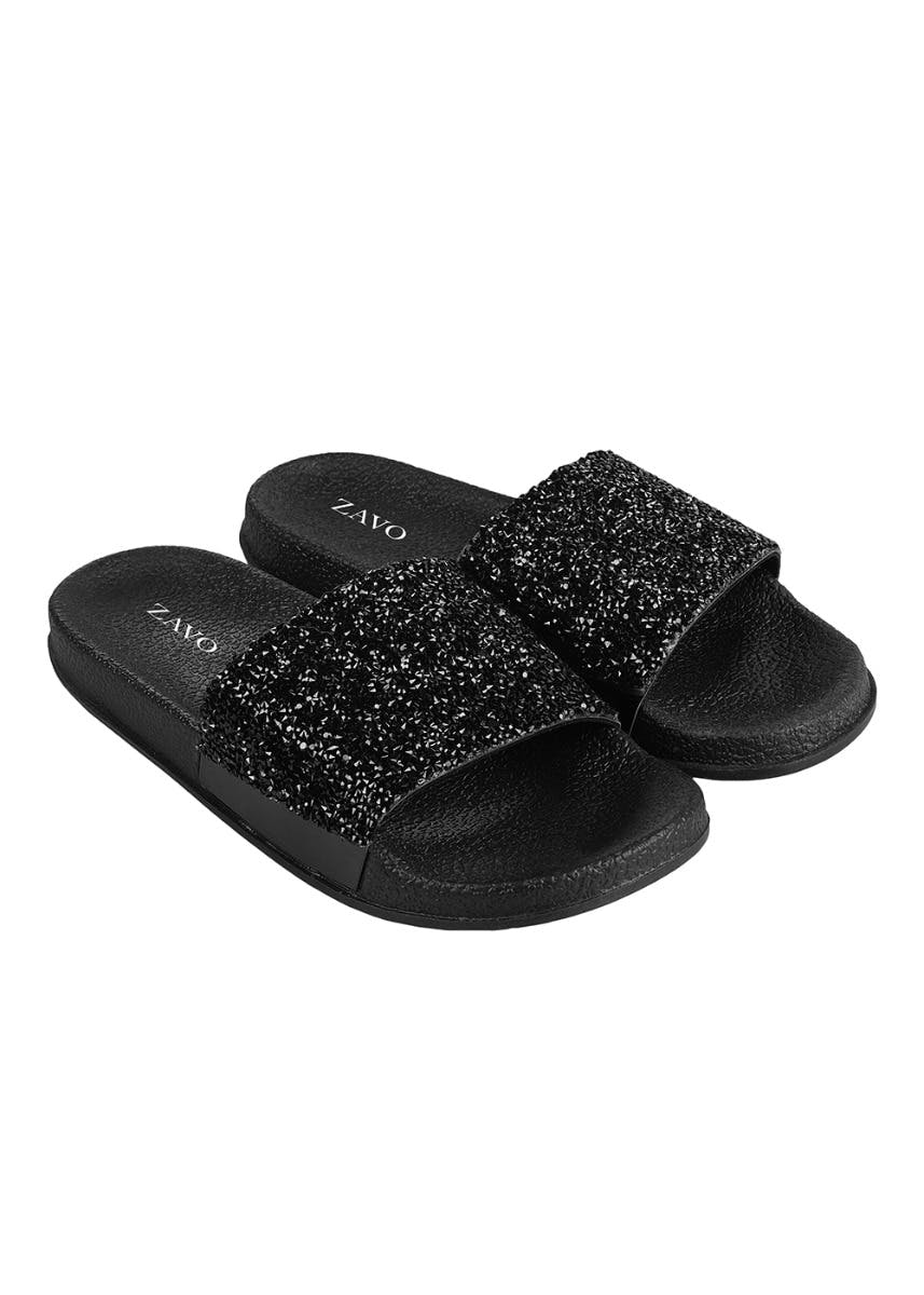 Get Black Sequin Embellished Slides at 399 LBB Shop