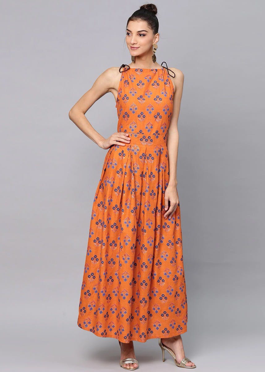 orange pleated maxi dress
