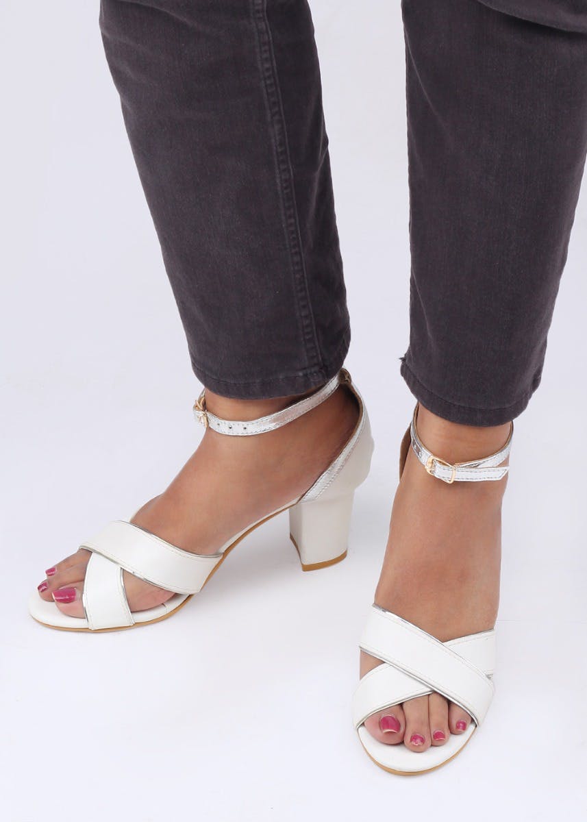 white ankle strap block heels