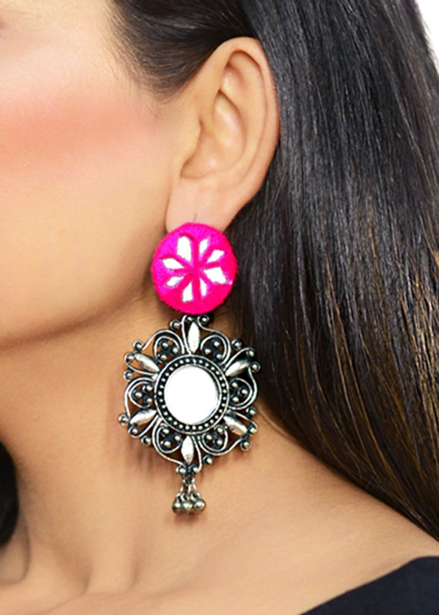 Hand Embroidered Mirror Embellished Drop Earrings