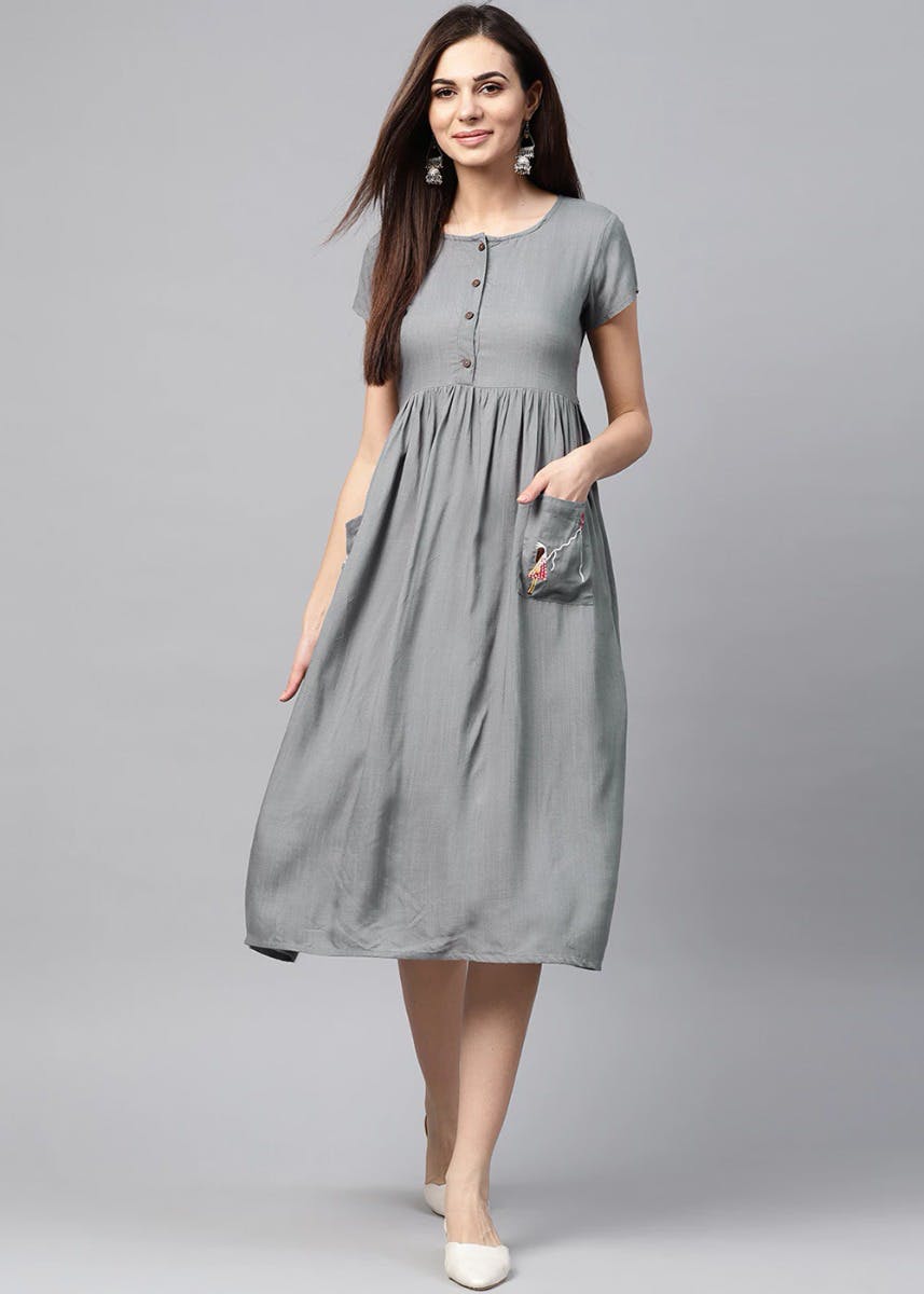 Get Basic Solid Grey A-Line Dress With Embroidered Pockets at ...