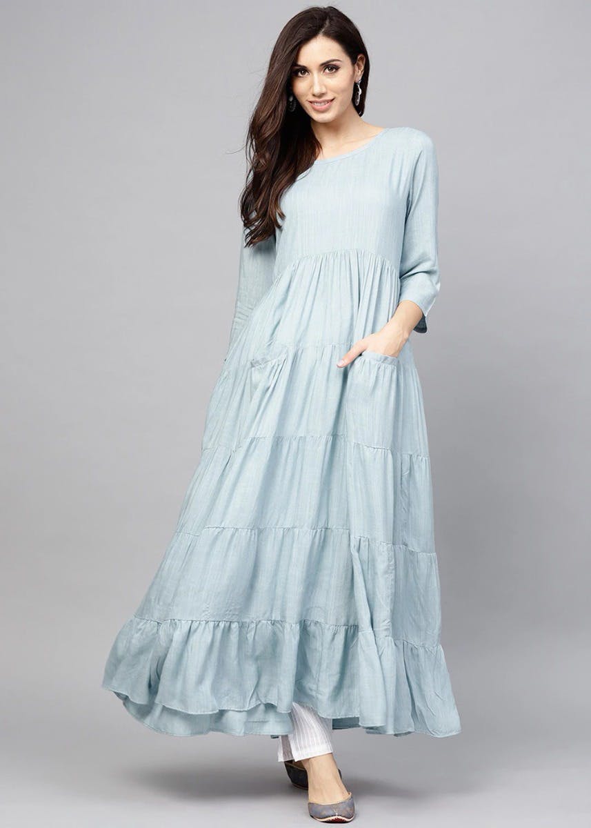 Get Solid Round Neck Layered Anarkali Kurta at 1189 LBB Shop