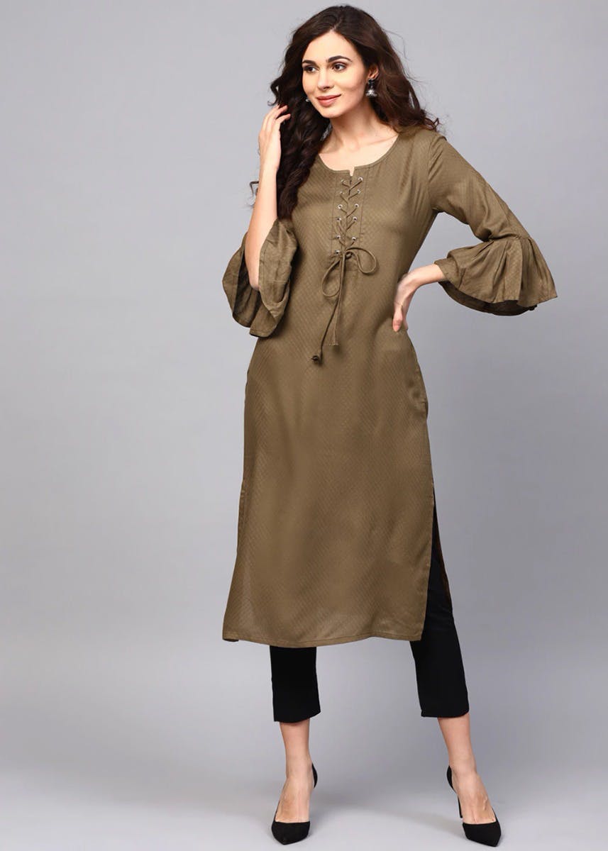 Get Dobby Textured Olive Flared Sleeves Kurta at ₹ 909 LBB Shop