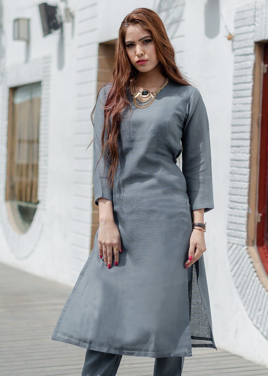 Grey Casual Wear Embroidered Cotton Kurti