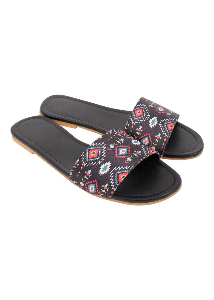 Multi Ikat Flap Black Slides