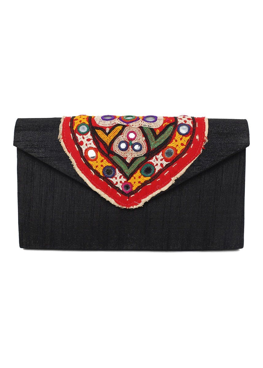 Embroidered Patch Flap Black Clutch
