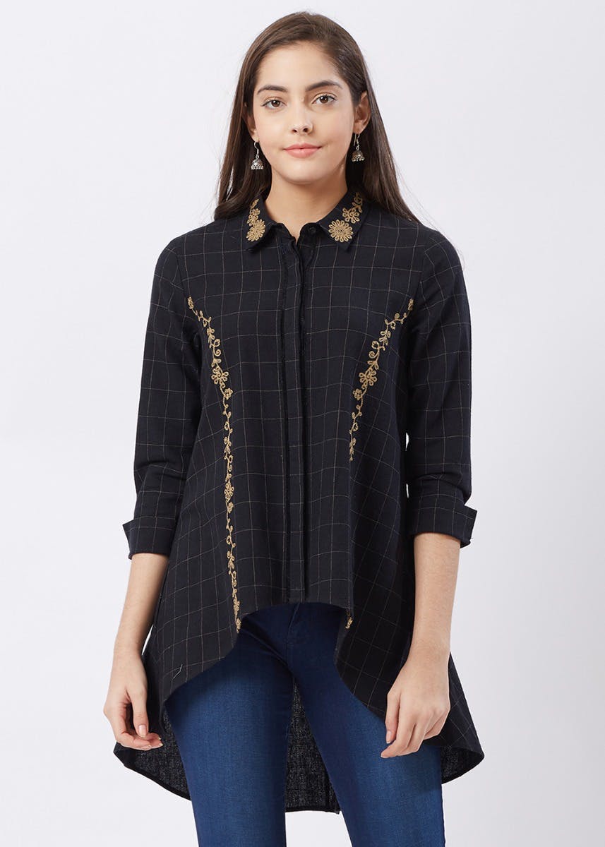 Checkered Embroidered High-Low Shirt 