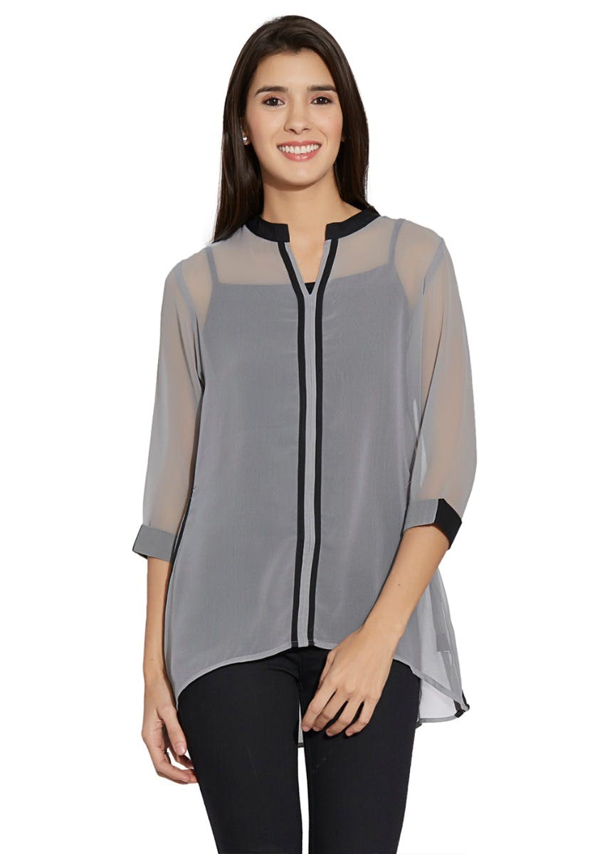 Get Black Piping Detail Grey Sheer Top at ₹ 455 LBB Shop