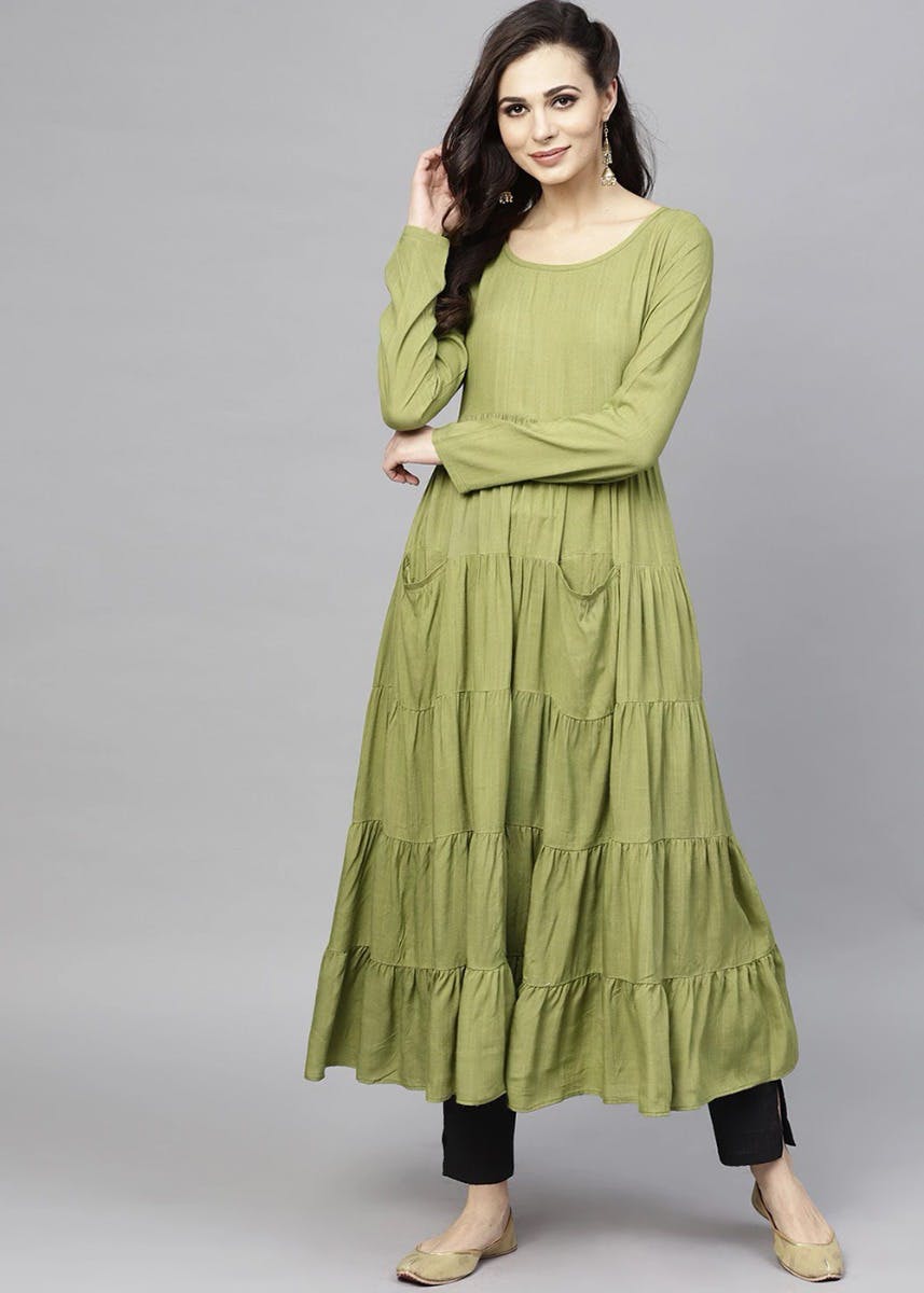 Green Round Neck Flared Dress