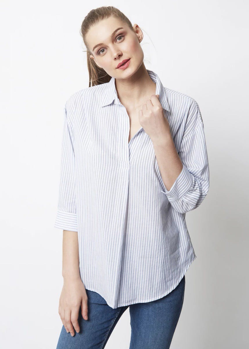 Basic Striped Cuffed Sleeve Shirt