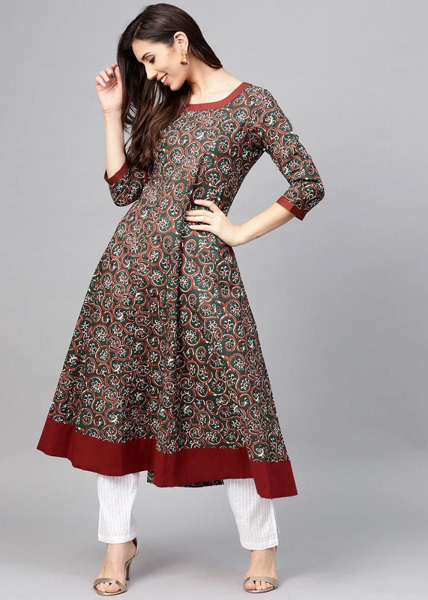 Get Green & Maroon Floral Printed Anarkali Kurta at ₹ 1049 | LBB Shop