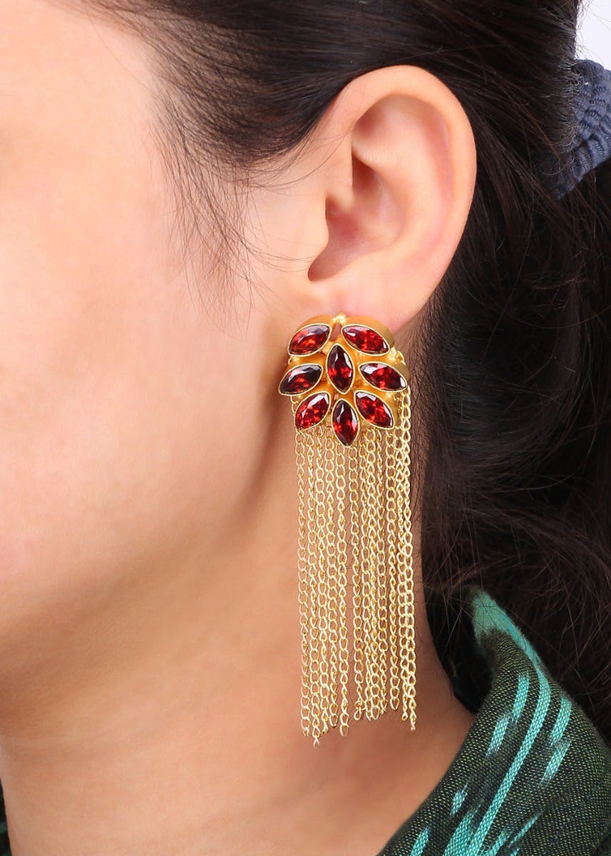 Red Stone Detail Tassel Earrings