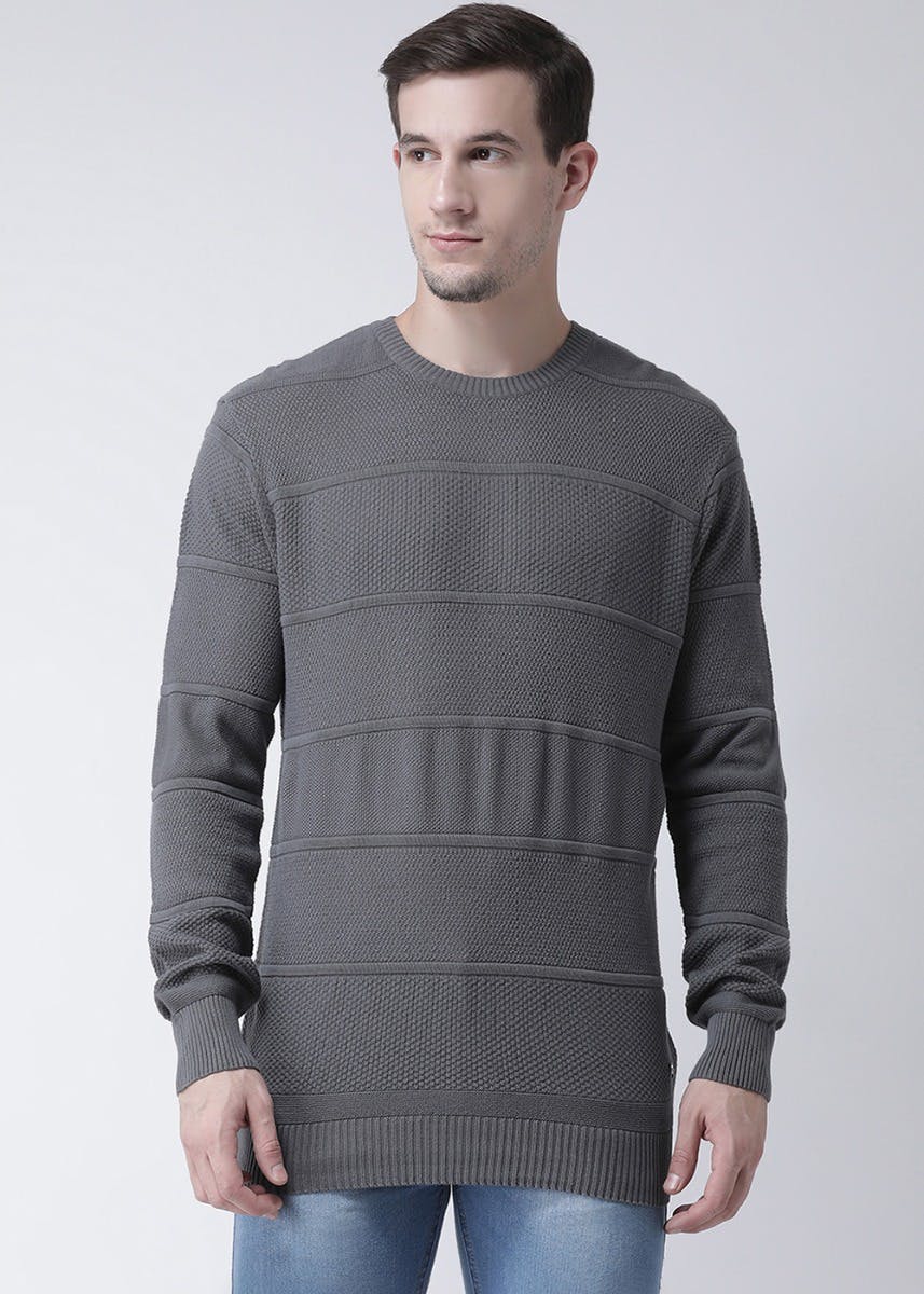 Solid Panel Textured Full Sleeves Sweater