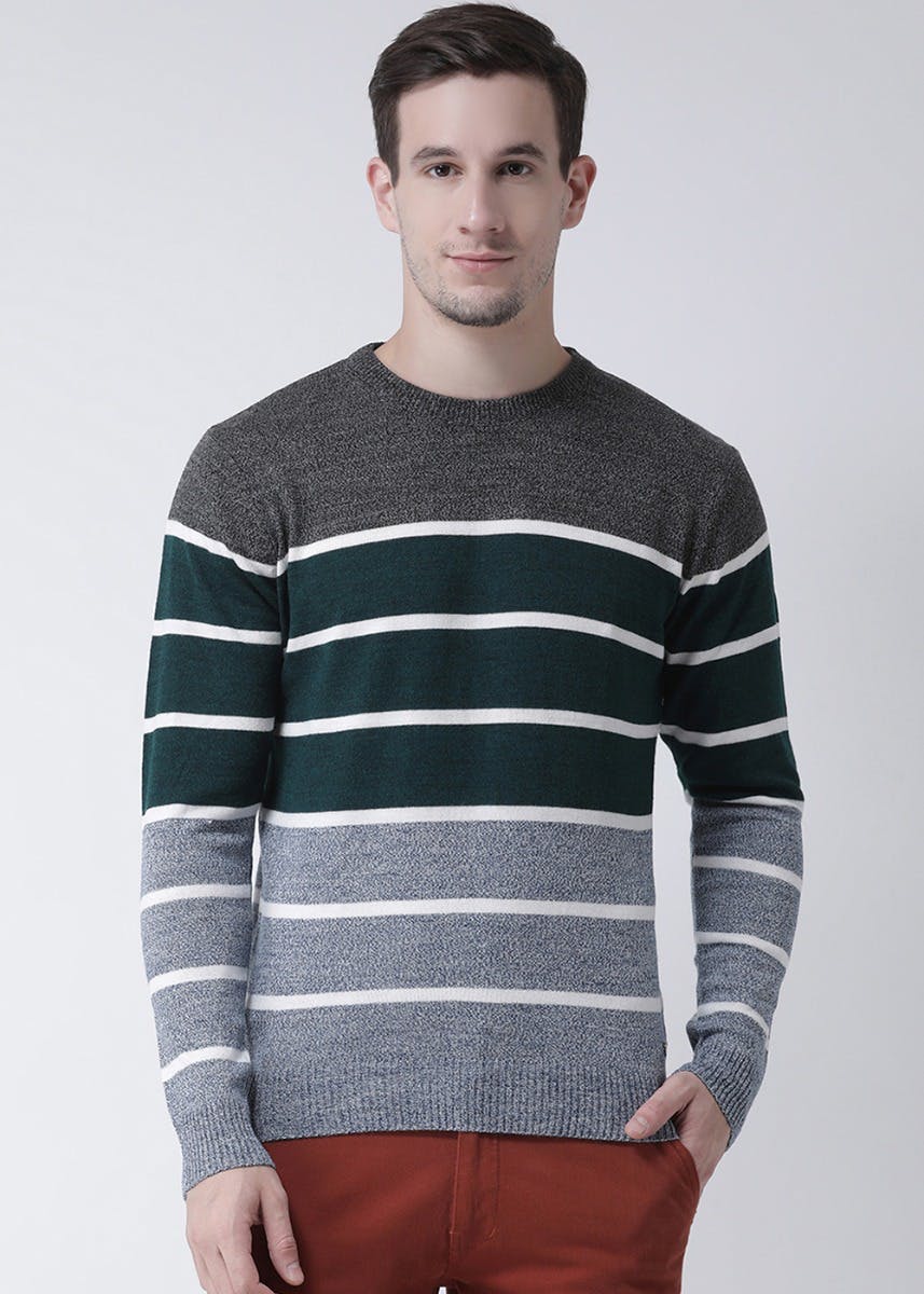 Colourblocked Striped Round Neck Sweater