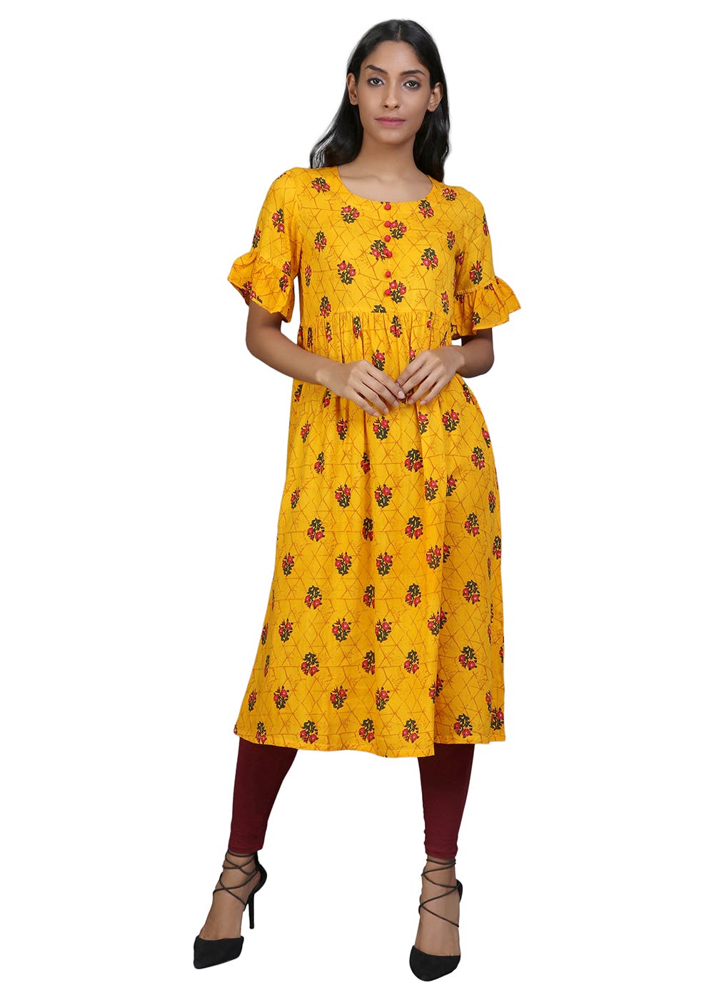 Get Floral Printed Flared Sleeves Yoke Kurta at ₹ 449 LBB Shop