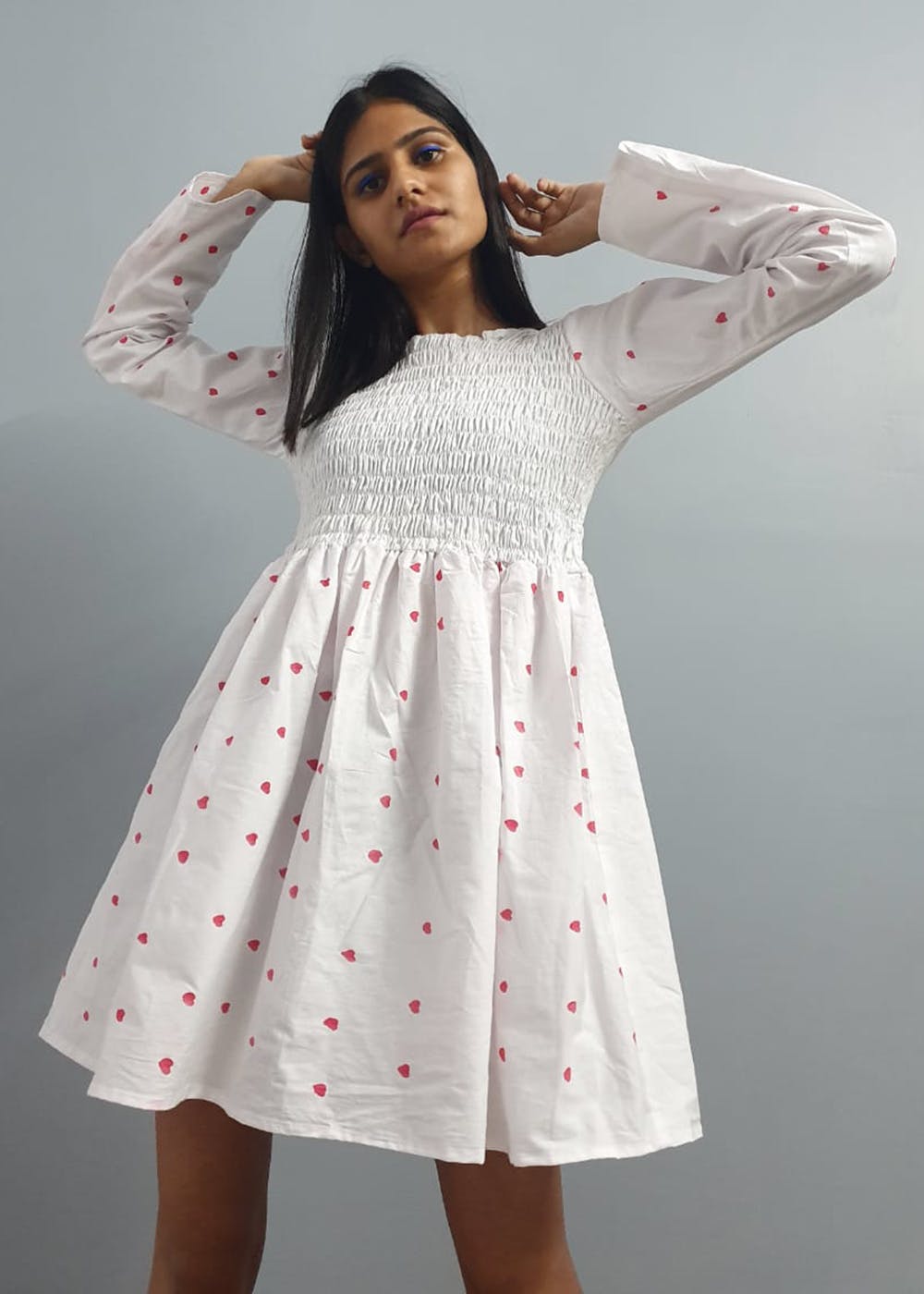 Smocked Yoke Heart Printed Pleated Dress
