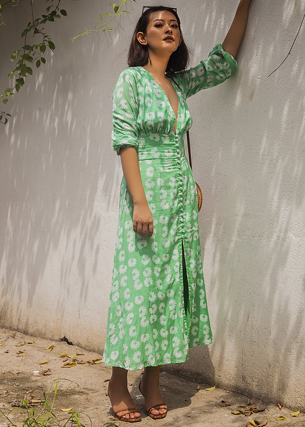 Cinched Waist Detail Floral Printed Green Dress