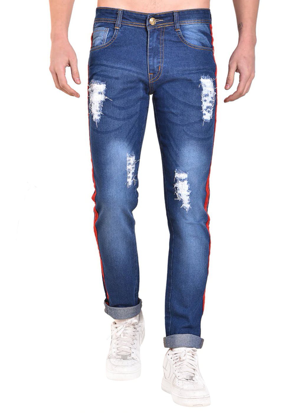 ripped jeans with red patches
