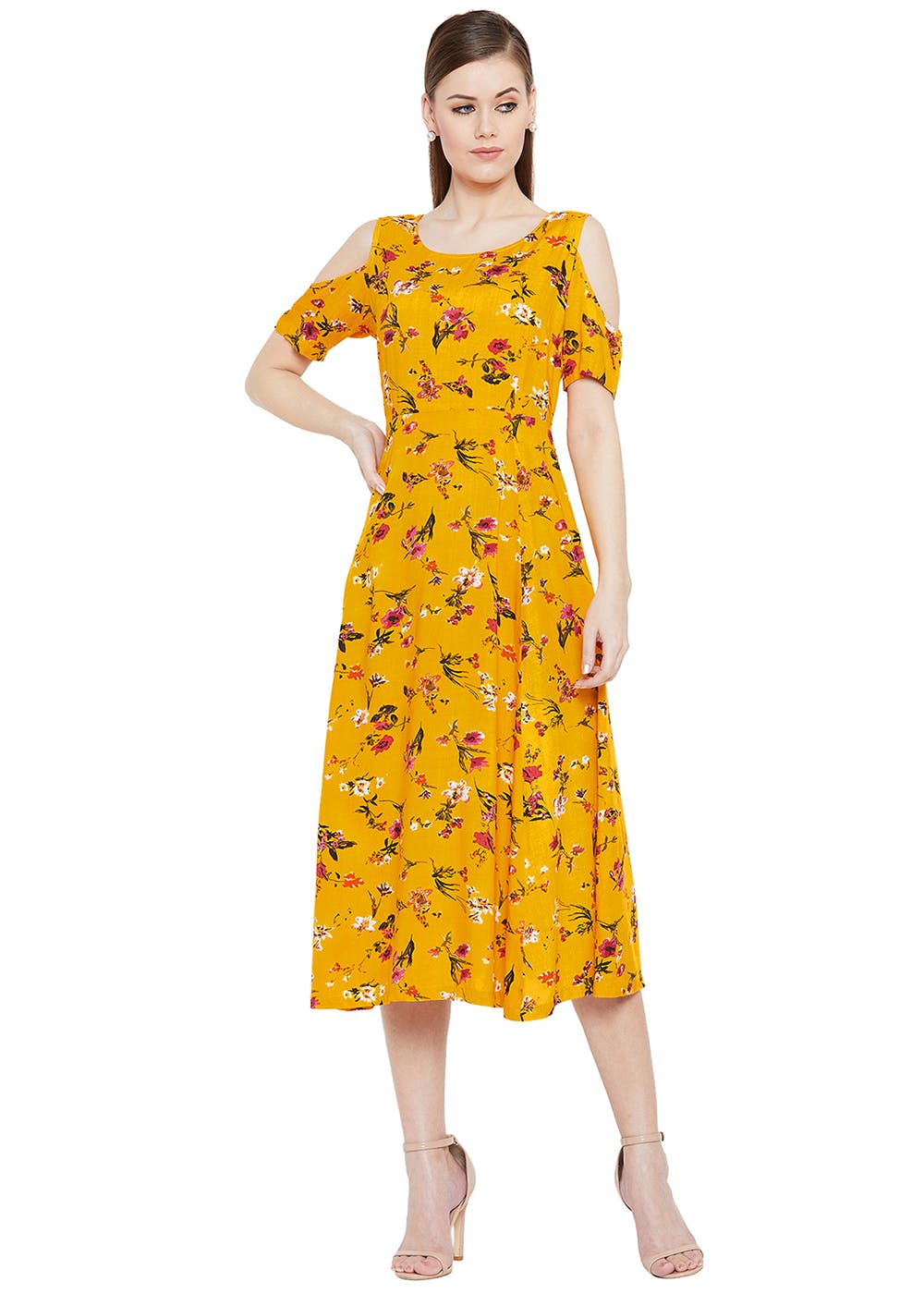 yellow cold shoulder dresses
