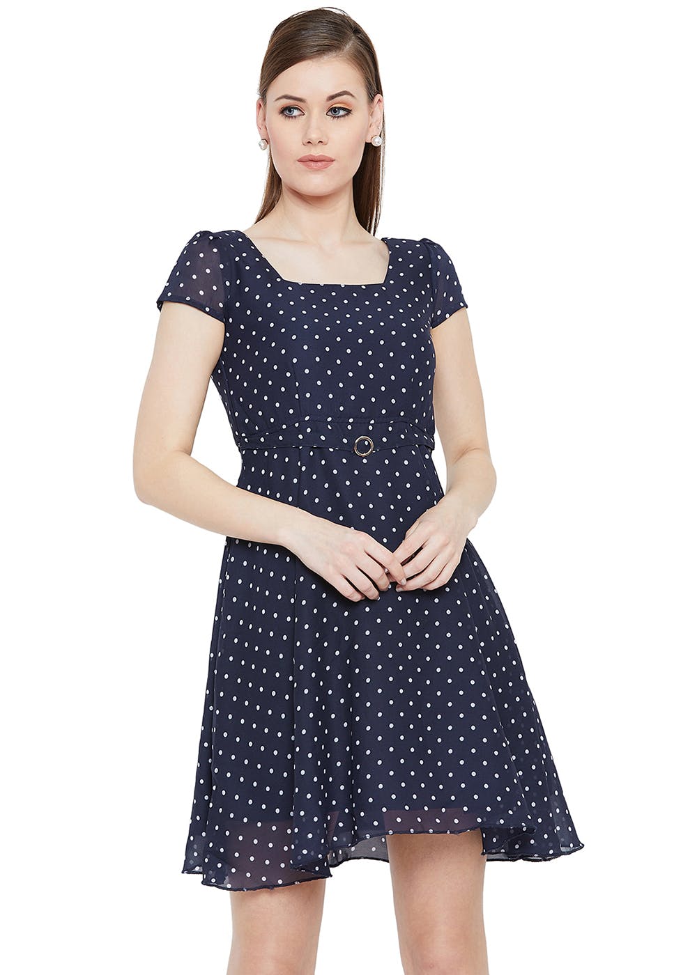 Buckle Detail Polka Dots Printed A-line Dress