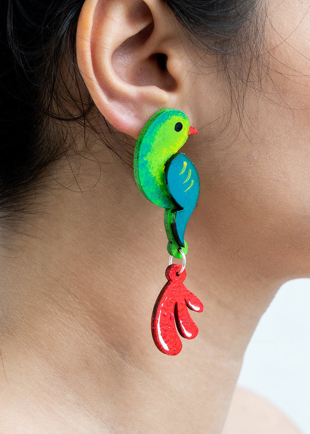 Wooden Bird earrings, hand painted in Ukrainian style | Wooden bijouterie