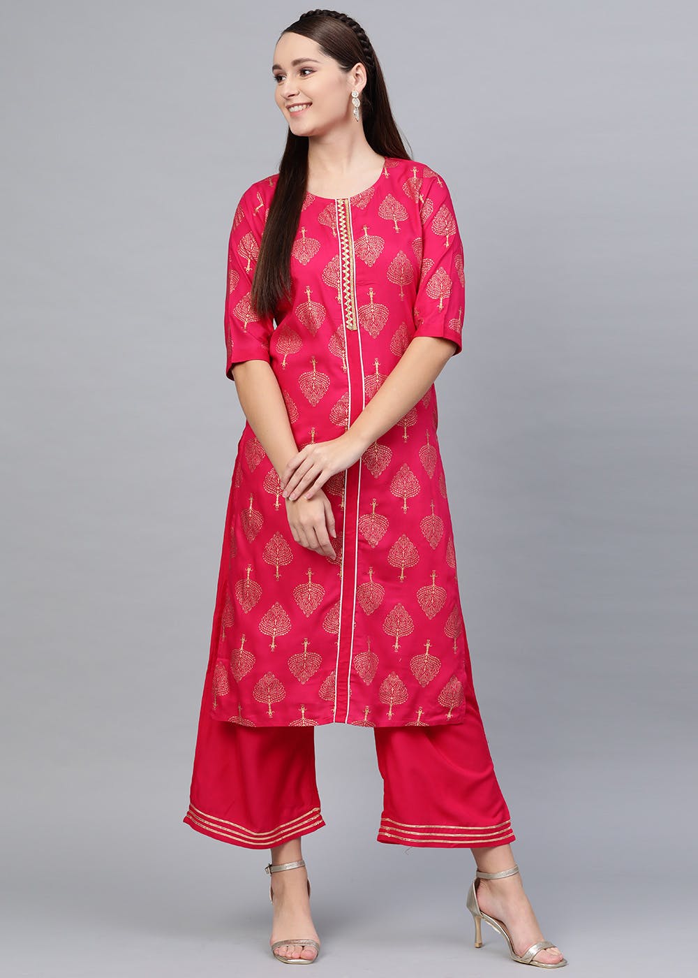 Graceful Cotton Gold Printed Pink Embellished Straight Kurta Bottom main image 1