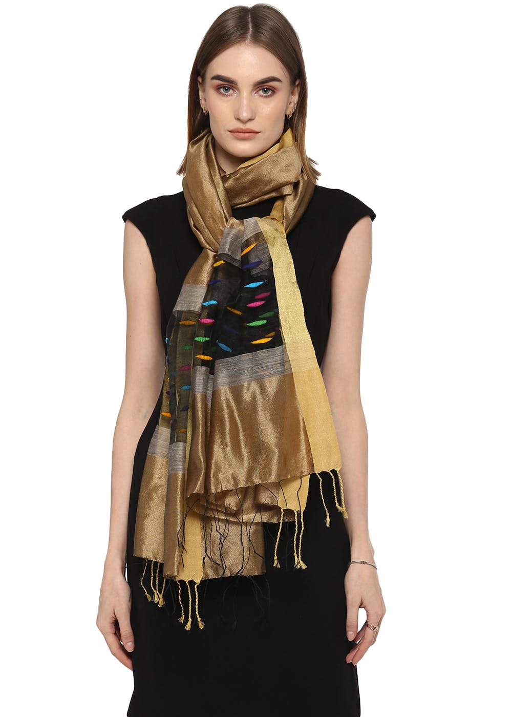 Multicoloured Patch Shimmery Stole - Beige