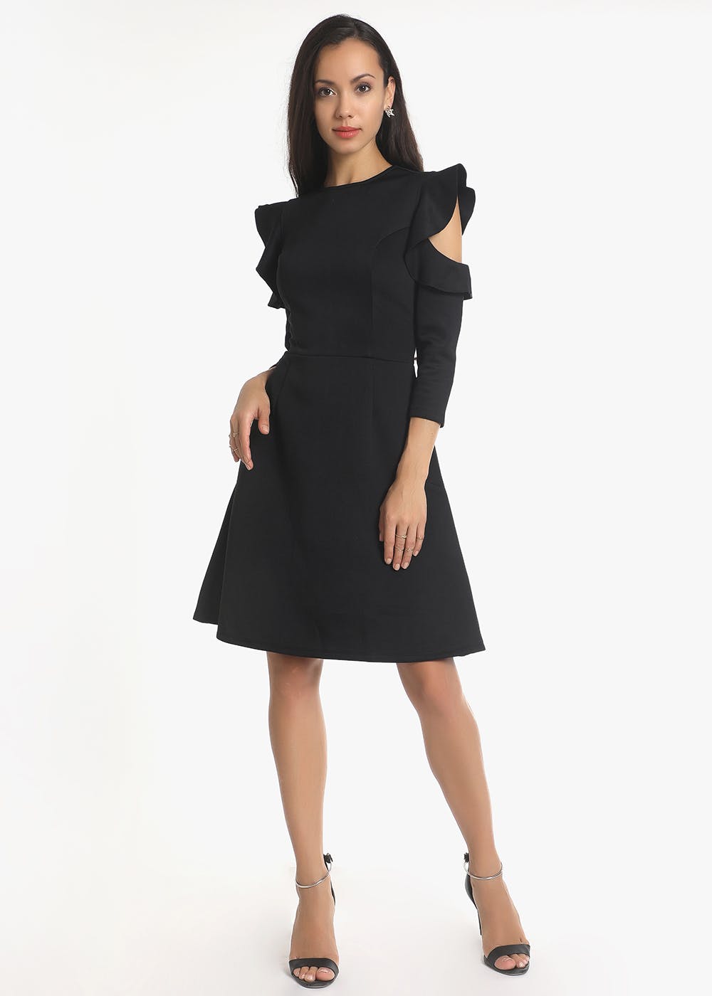 Frilled Cold Shoulder Sleeves Detail Black Dress