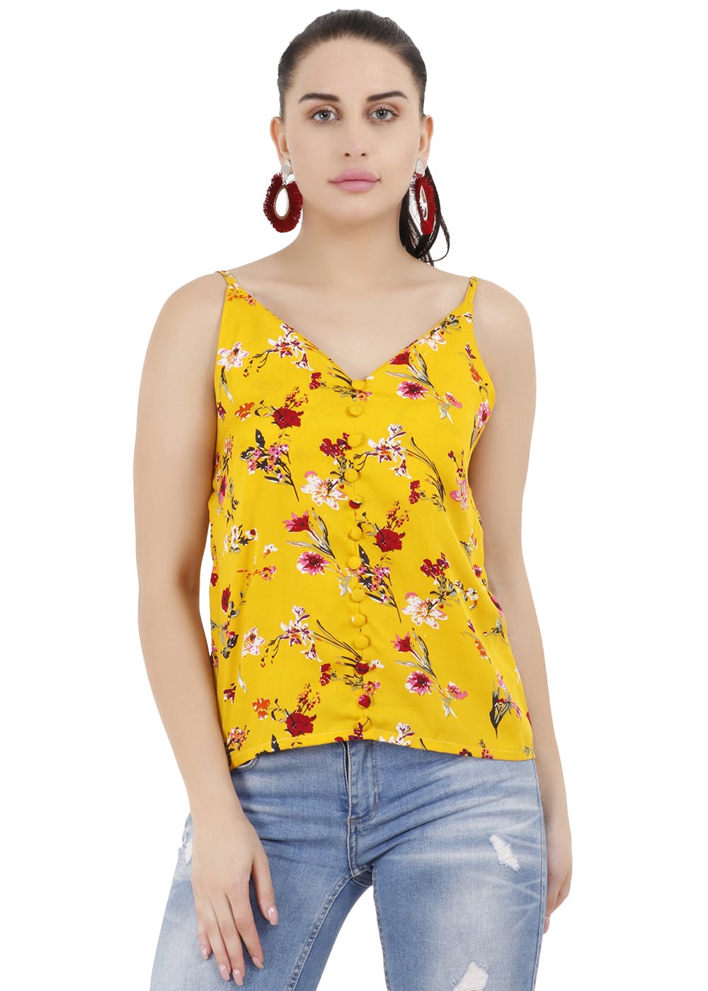 Get Faux Button Detail Yellow Floral Strappy Top at ₹ 499 | LBB Shop