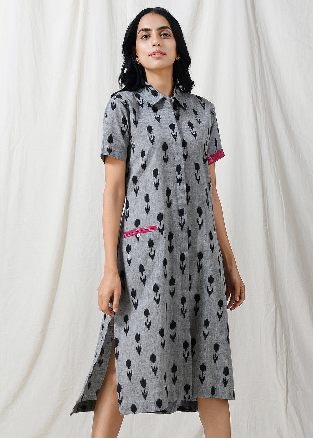 Get Concealed Button Detail Grey Ikat Slit Shirt Dress At 2168 Lbb Shop