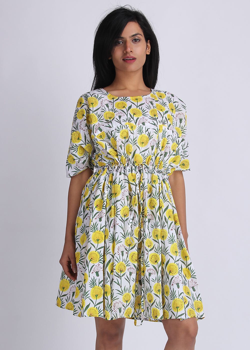 Get Marigold Printed Scrunch Waist Dress at ₹ 1100 | LBB Shop