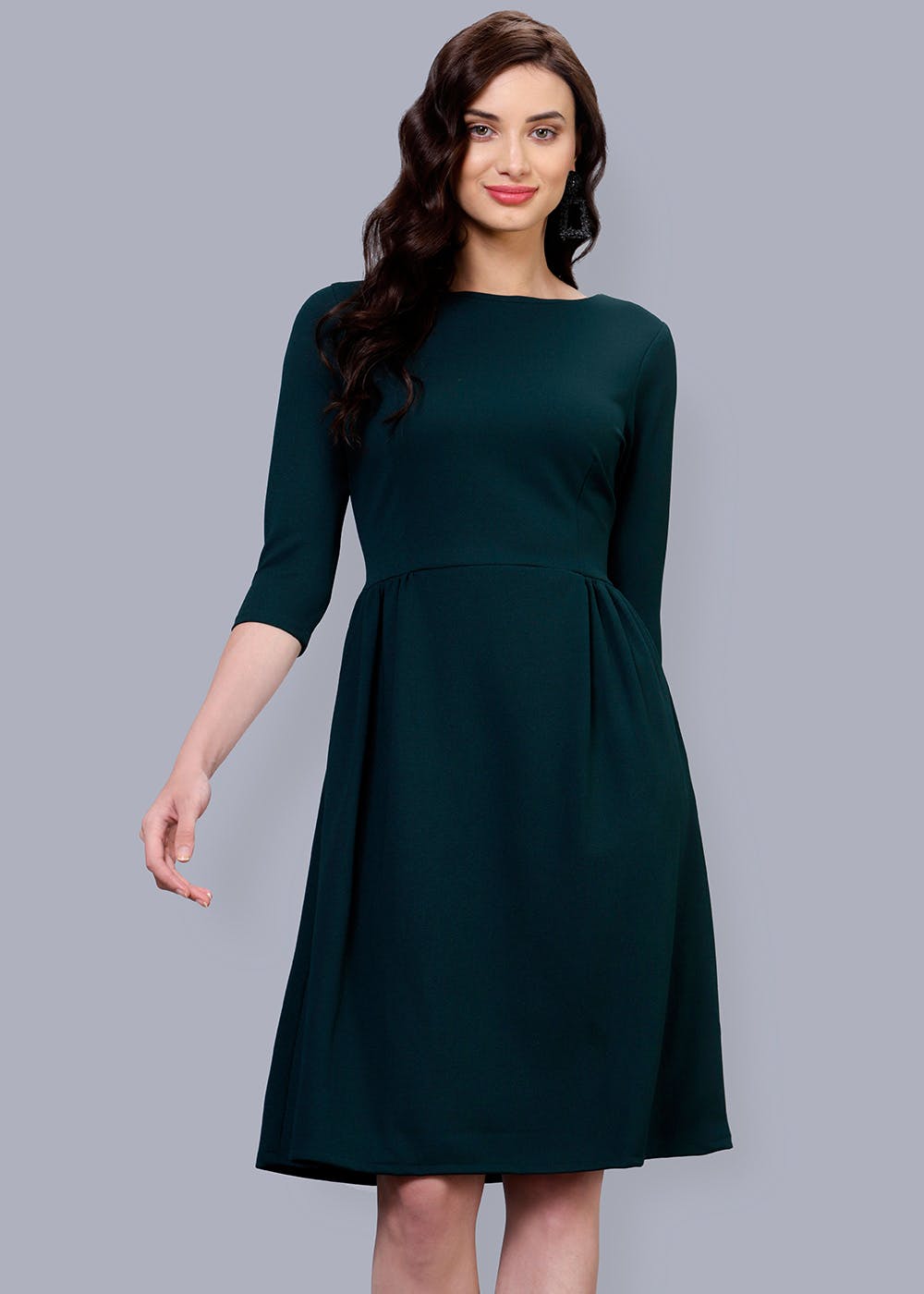 Get Dark Green Pleated Yoke Dress at ₹ 849 | LBB Shop