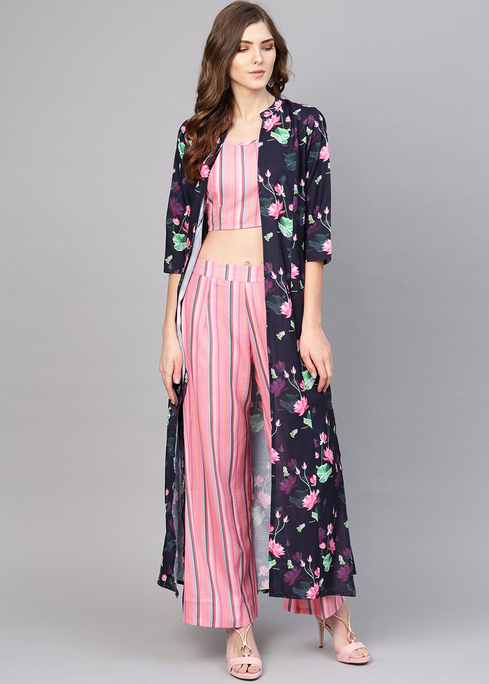 Schiffli Crop Top with Ethnic Abstract Printed Jacket & Flared Palazzo –  FASHOR