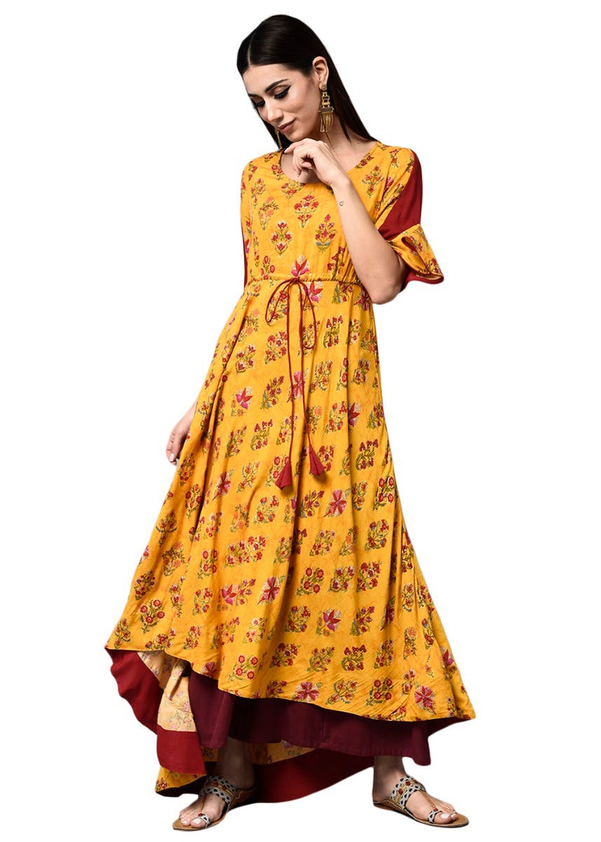 Get Solid Trim Detail Yellow Printed A-Line Kurta at ₹ 995 | LBB Shop