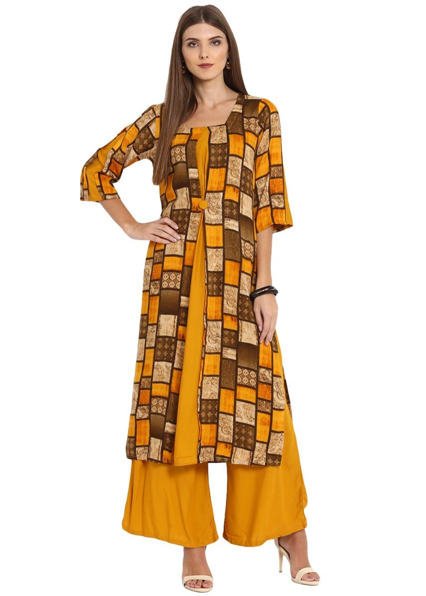 Moss Green & Yellow Printed Straight Kurta With Keyhole Neck & 3/4 Sleeves