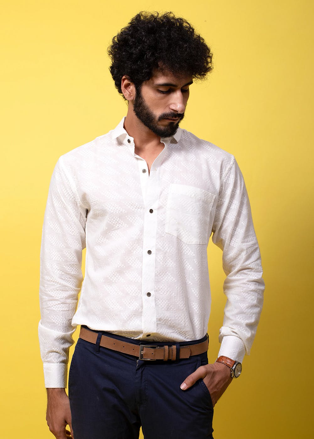 Get Contrast Button Detail Self Designed White Shirt at ₹ 2850 ...