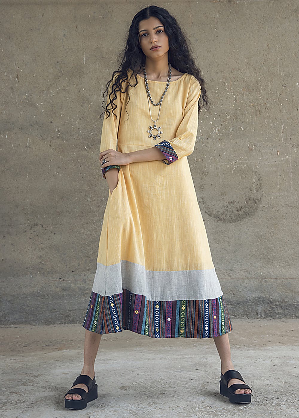 Aztec Detail Yellow A-line Dress