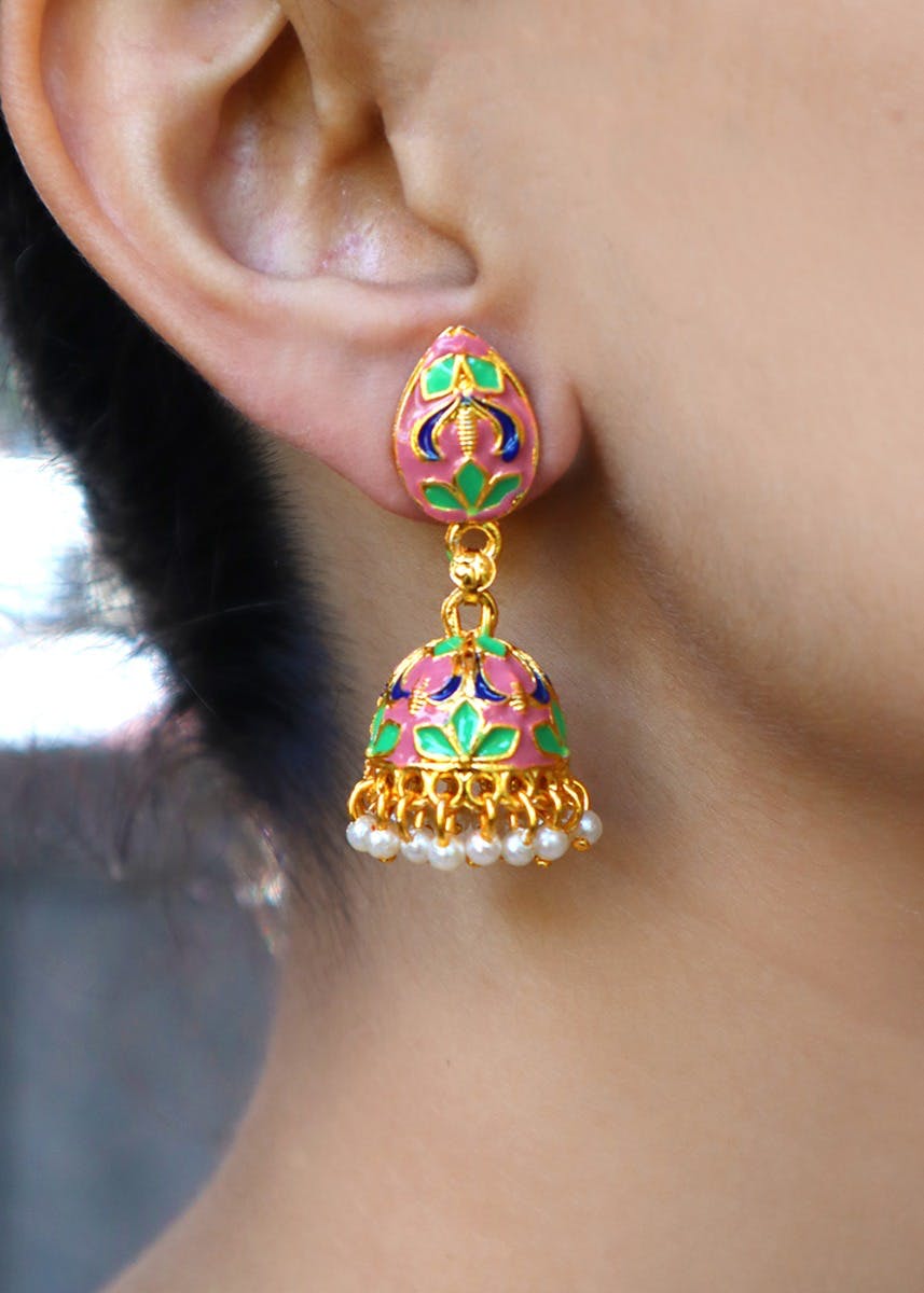 Midnight Bloom Heart-Shaped Meenakari Jhumkas main image 1