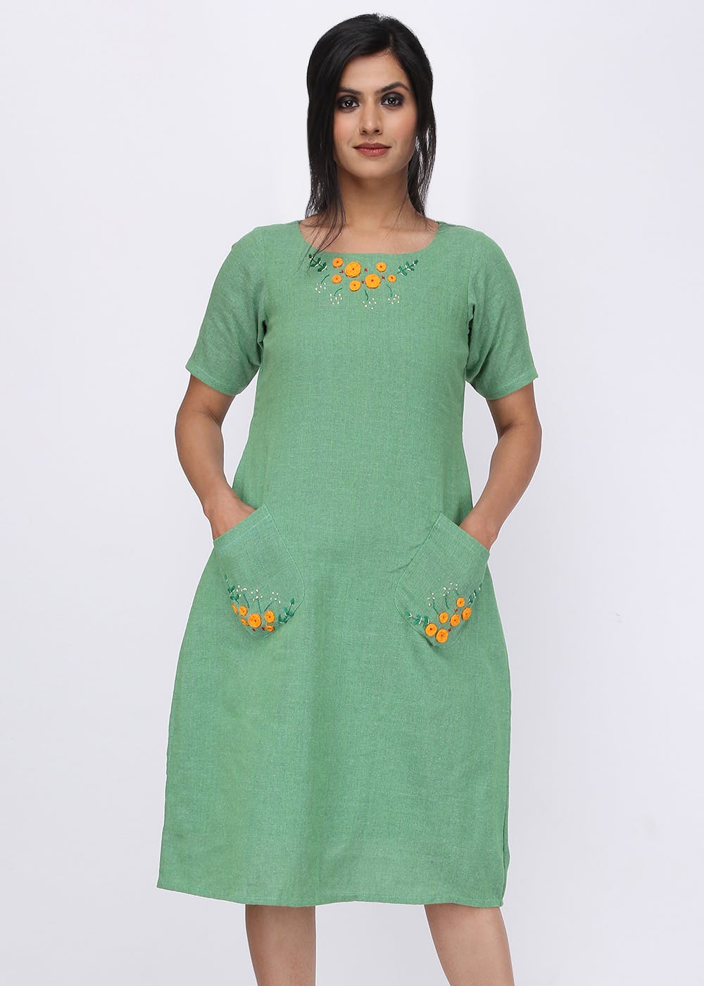 Embroidered Patch Detail Khadi Green Dress