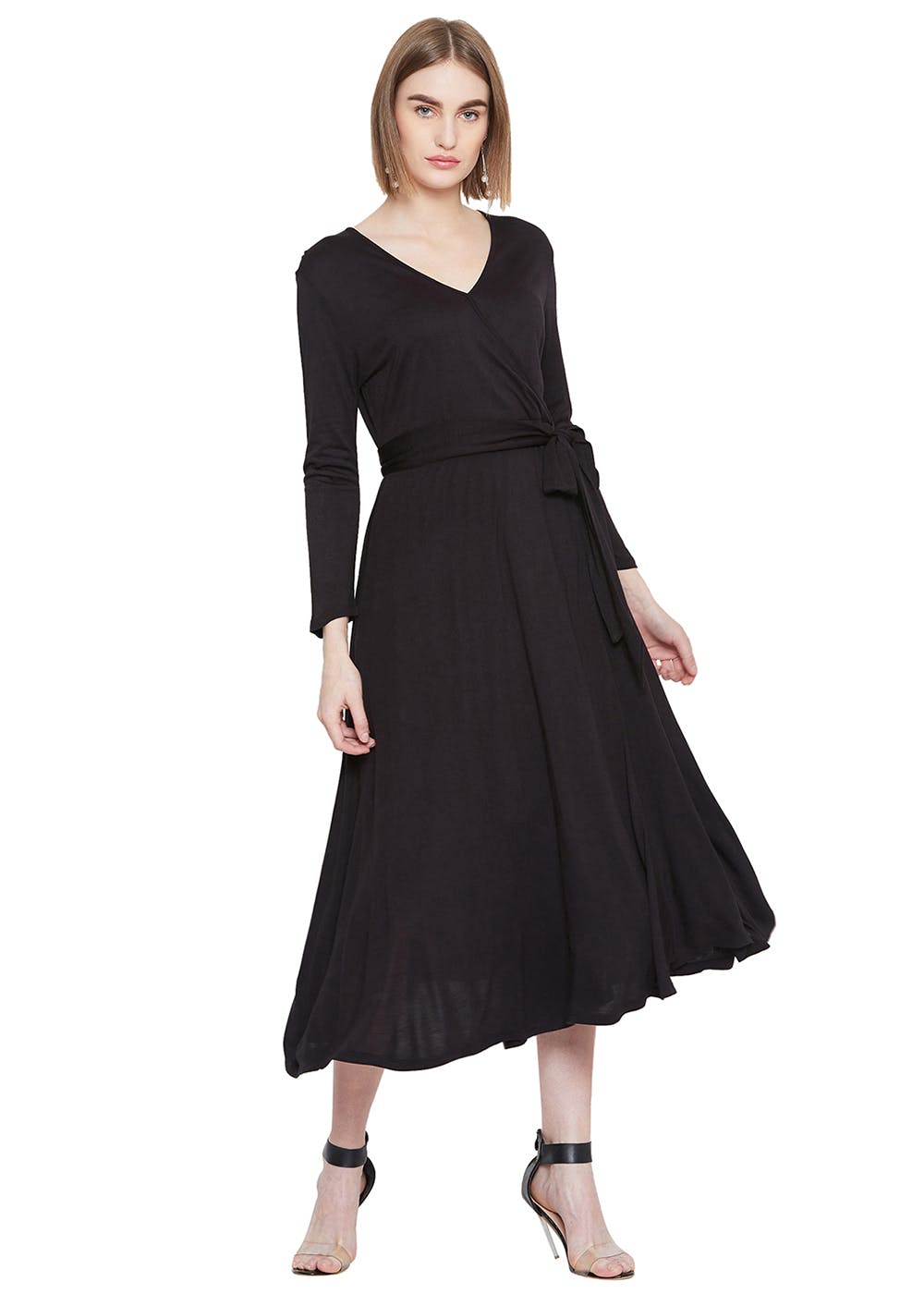 Get Black Wrap Neck Jersey Midi Dress at ₹ 950 | LBB Shop