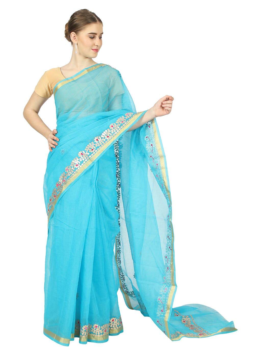 Floral Gota Patti Detail Solid Kota Doria Saree