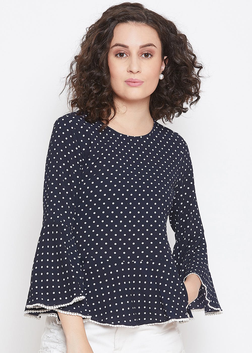 Lace Trim Detail Polka Dotted Black Top