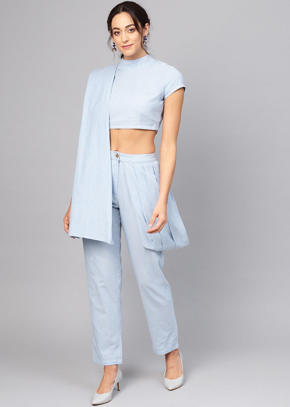 Monotone High Neck Crop Top With Pants & Attached Dupatta Set