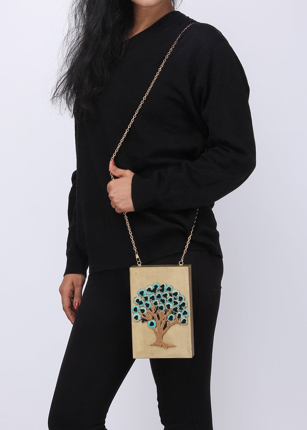 Tree Embroidered Box Clutch